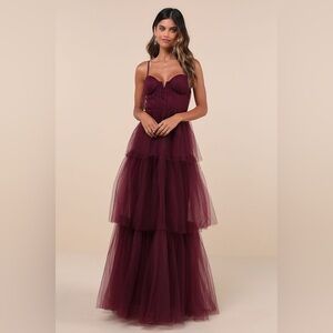 Lulus Unforgettable Poise Tulle Bustier Tiered‎ Maxi Dress, Plum Purple, XS, NWT